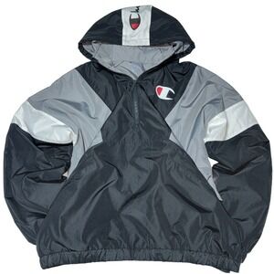 Champion Y2K Stadium Jacket Mens XL Black Packable Windbreaker Light 1/2 Zip 90s